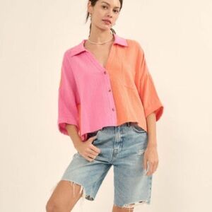 Promesa Better Half Colorblock Crinkle Cotton Pocket Shirt | size small